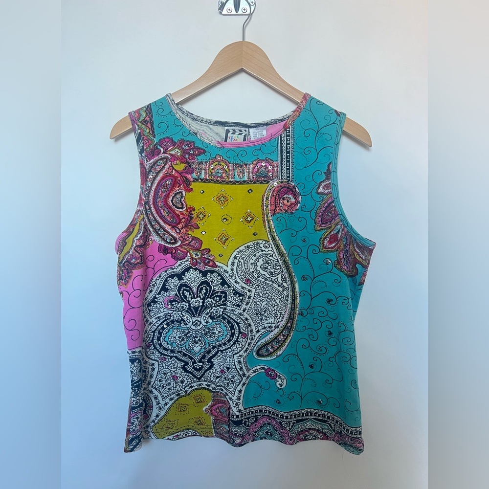 Take Two Clothing Co.‎ XL Boho Paisley Print Sequin Tank Top Turquoise Pink